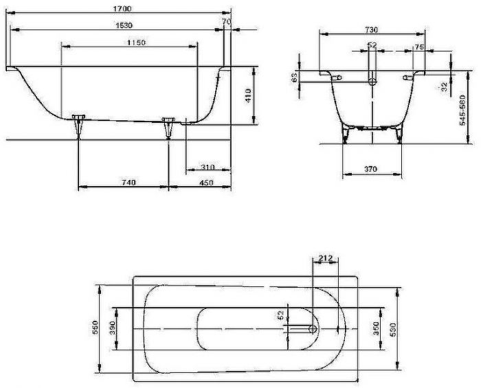 Стальная ванна Kaldewei Saniform Plus 371-1 170x73 112900010001 без покрытия