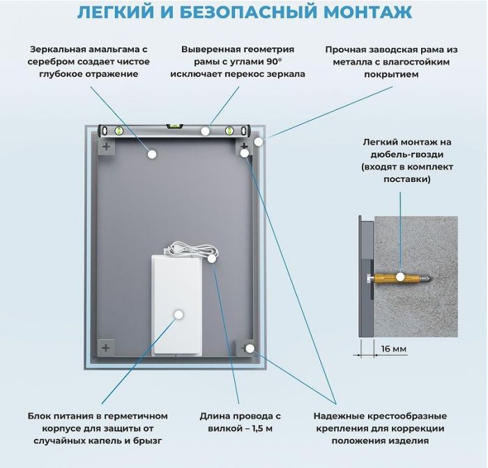 Зеркало Wellsee 7 Rays' Spectrum 60 172201280-172201290 с подсветкой цвет Черный матовый с сенсорным выключателем