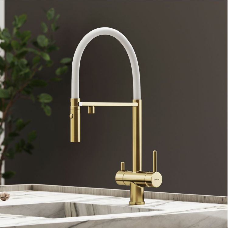 Смеситель для кухни Sancos Imola с гибким изливом, цвет брашированное золото/белый, SC4010BG