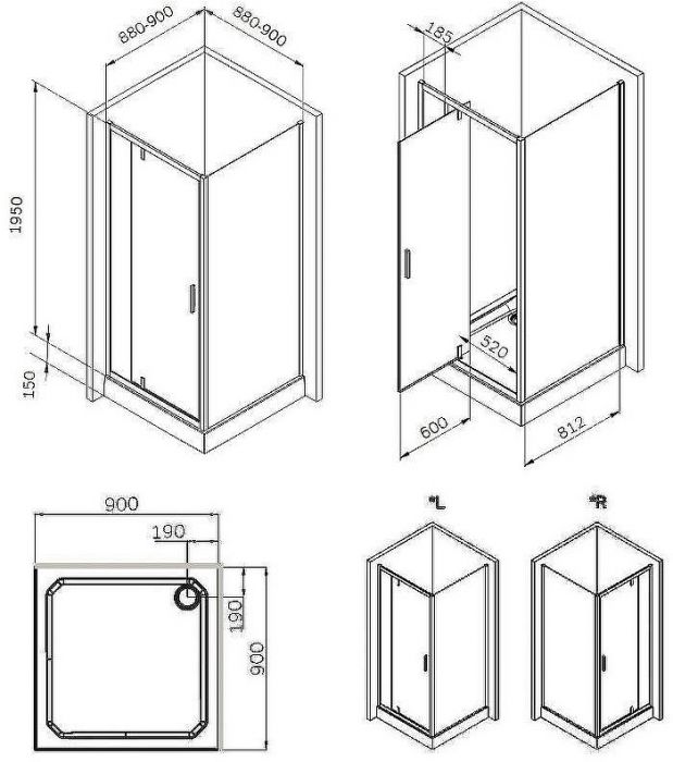 Душевой уголок AM.PM Gem 90х90 W90G-404-9090-BT профиль Черный матовый стекло прозрачное