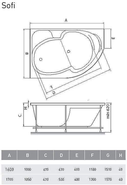 Акриловая ванна Relisan Sofi 170х105 L Гл000009446 без гидромассажа