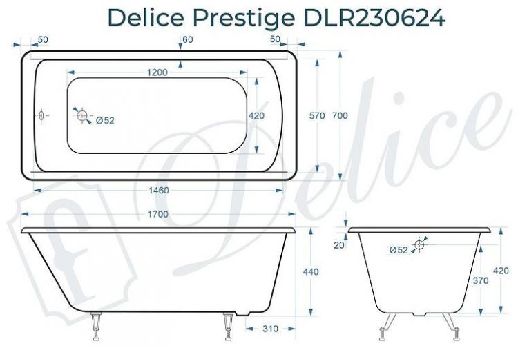 Чугунная ванна Delice Prestige 170х70 DLR230624 без отверстий под ручки и антискользящего покрытия