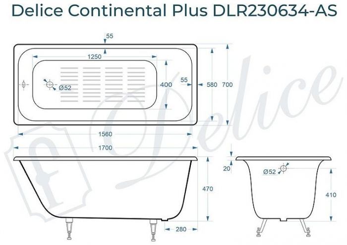 Чугунная ванна Delice Continental PLUS 170х70 DLR230634-AS без отверстий под ручки с антискользящим покрытием
