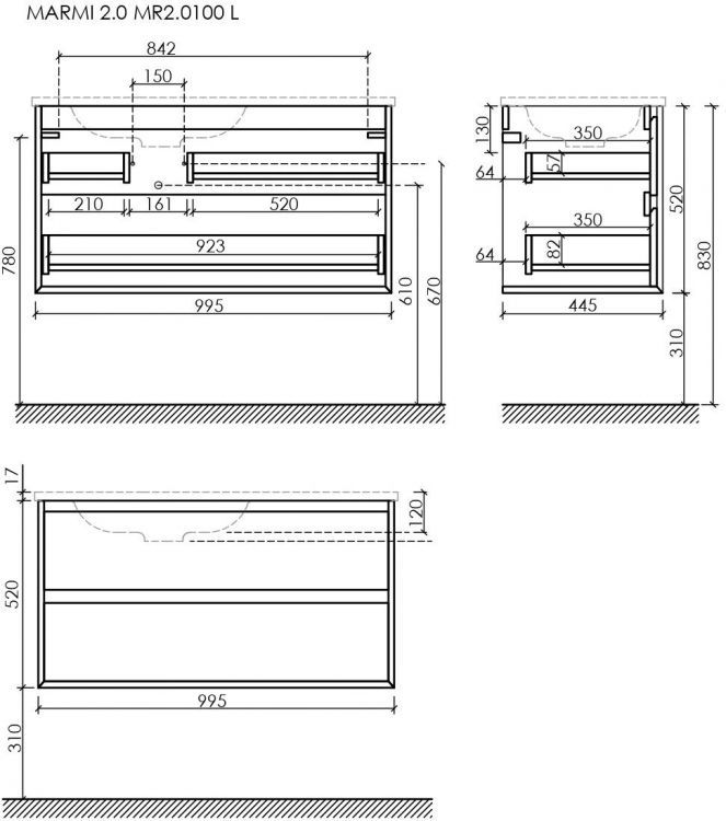 Тумба подвесная SANCOS под раковину левая Marmi 2.0, дуб чарльстон 995х445х520, MR2.0100LECH