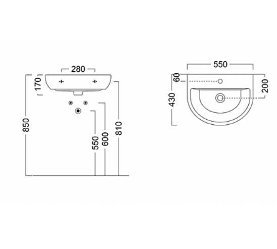 Раковина Kerama Marazzi Buongiorno 55x48 см, белая (BG.wb.55) схема