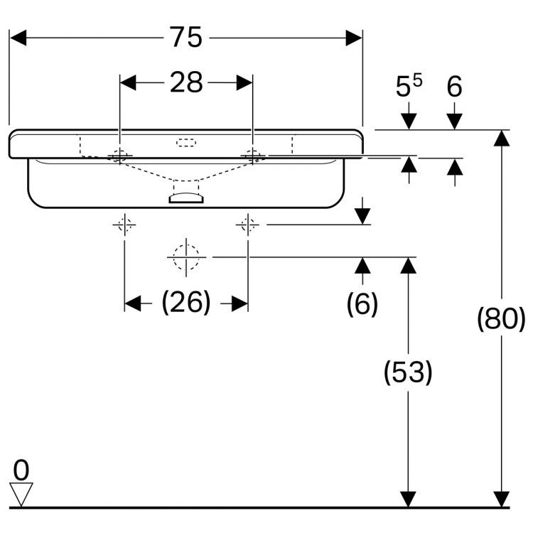 Раковина Geberit Renova Comfort 75х52.5 см, с отверстием под смеситель, с переливом [128575000]