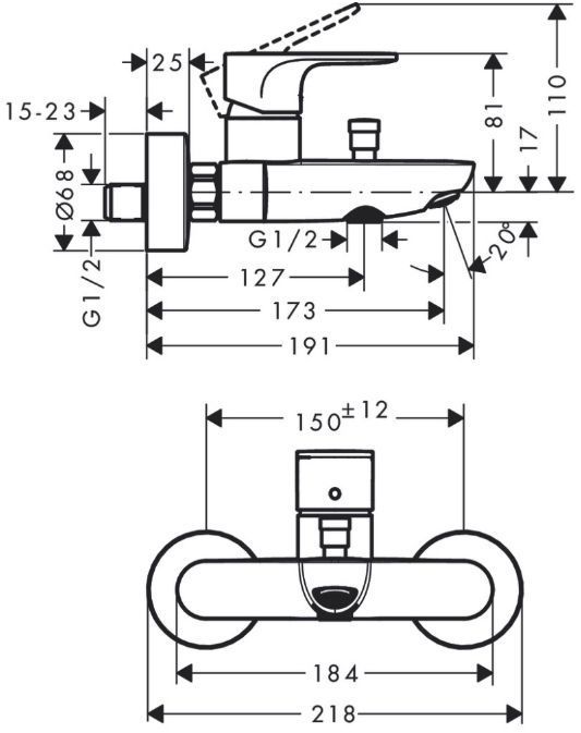Hansgrohe Rebris S Смеситель для ванны, настенный, цвет: черный матовый