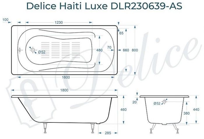 Чугунная ванна Delice Haiti Luxe 180х80 DLR230639-AS без отверстий под ручки с антискользящим покрытием