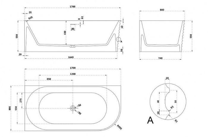 Ванна из искусственного камня Abber Stein 170x80 AS9651 L без гидромассажа