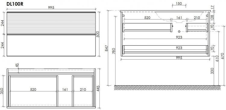 Тумба подвесная SANCOS под раковину правая Delta, Дуб красный/графит 995х445х500, DL100RGR