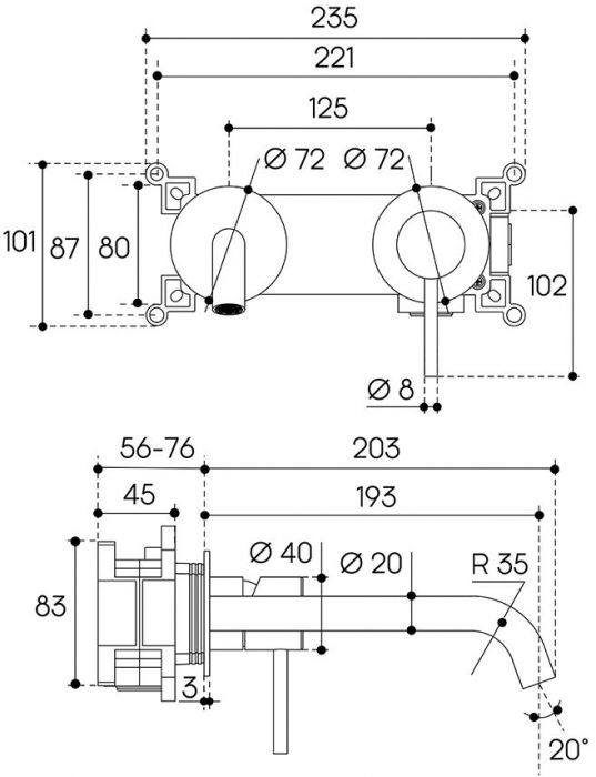 Смеситель для раковины настенного монтажа со скрытой частью AQUEDUTO CANO,  оружейная сталь (CAN0445)