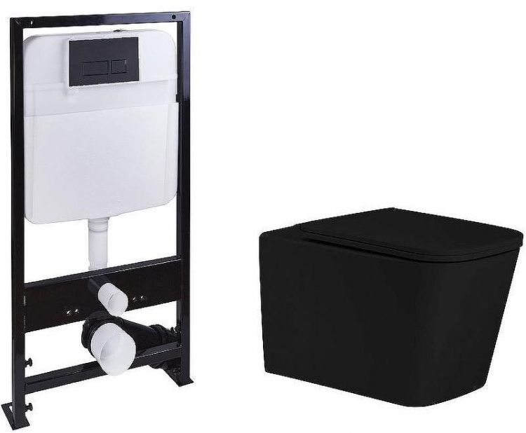 Комплект унитаза с инсталляцией SantiLine SL-5027MB+SL-04 с сиденьем Микролифт и Черной матовой клавишей смыва Комплект унитаза с инсталляцией SantiLine SL-5027MB+SL-04 с сиденьем Микролифт и Черной матовой клавишей смыва