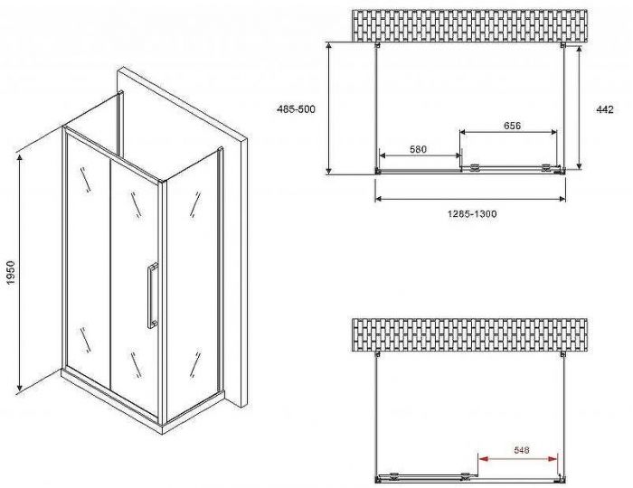Душевой уголок Abber Schwarzer Diamant 130x50 AG30130H-S50-S50 профиль Хром стекло прозрачное