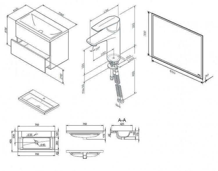 Комплект мебели для ванной AM.PM Gem 75 BK90GA Белый со смесителем для раковины и аксессуарами
