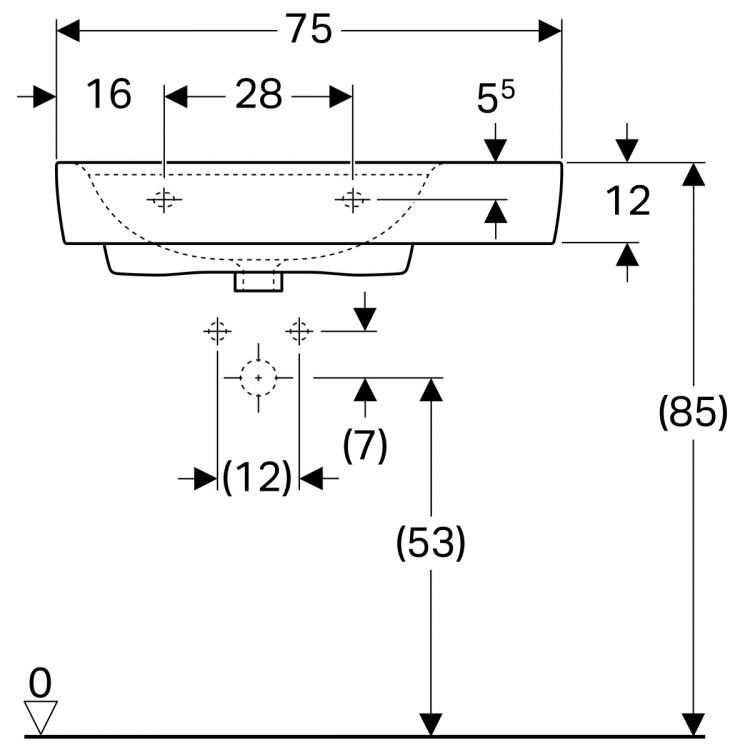 Раковина Geberit Renova Plan с полочкой справа, 75х48 см, с отв. под смеситель, без перелива [122183000]