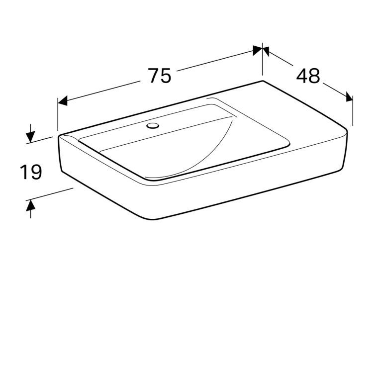 Раковина Geberit Renova Plan с полочкой справа, 75х48 см, с отв. под смеситель, без перелива [122183000]