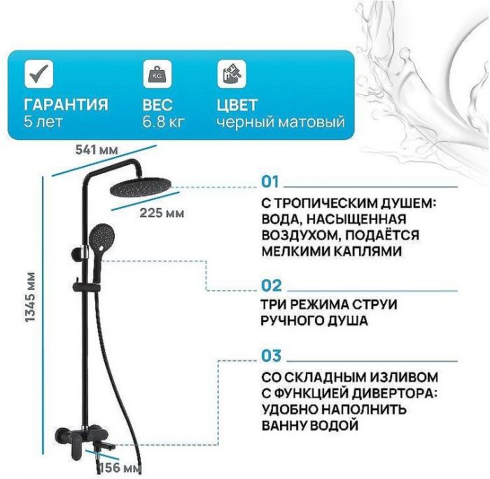 Душевая система WasserKRAFT Elbe A17401 Черная матовая