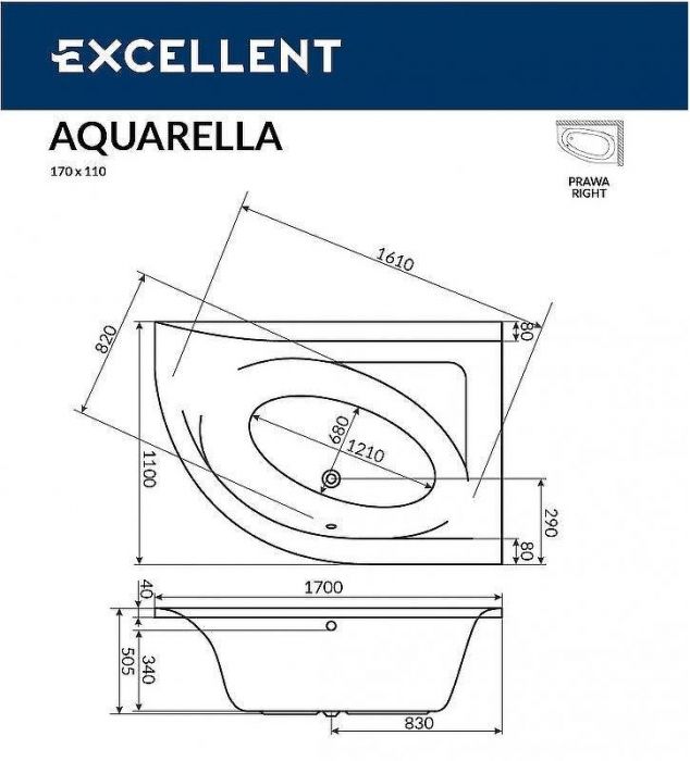 Акриловая ванна Excellent Aquarella 170x110 R WAEX.ARP17.NANO.CR с гидромассажем