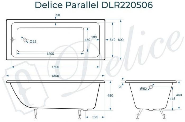 Чугунная ванна Delice Parallel 180х80 DLR220506 без отверстий под ручки и антискользящего покрытия