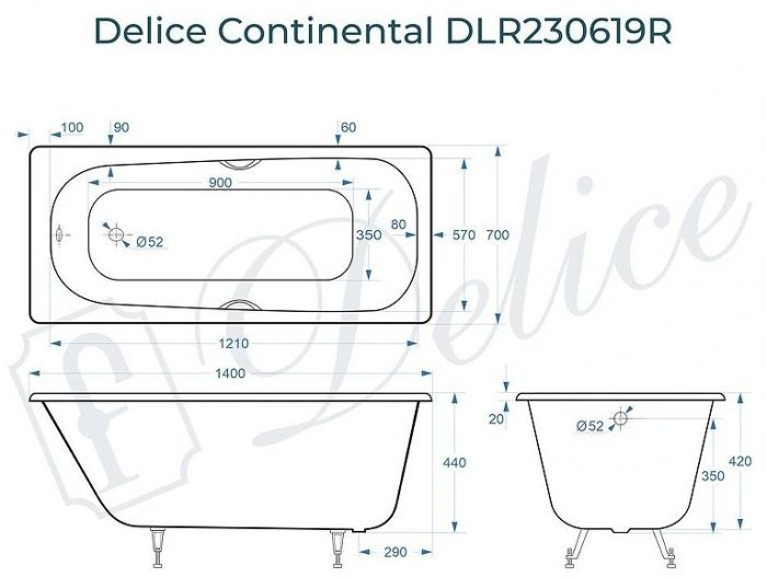 Чугунная ванна Delice Continental 140х70 DLR230619R с отверстиями под ручки без антискользящего покрытия