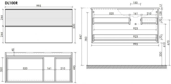 Тумба подвесная SANCOS под раковину правая Delta, Дуб светлый/белый 995х445х500, DL100RW