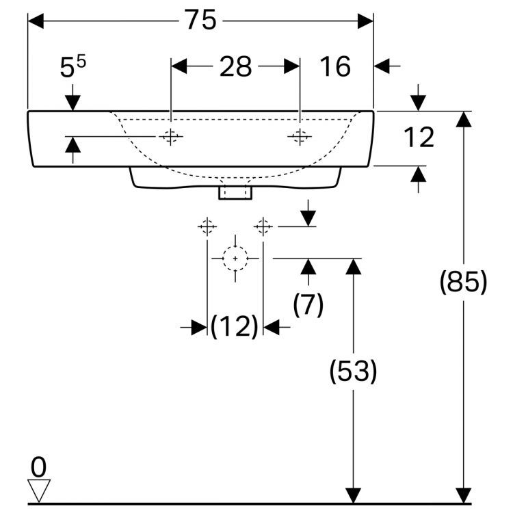 Раковина Geberit Renova Plan с полочкой слева,  75х48 см, с отв. под смеситель, без перелива [122179000]