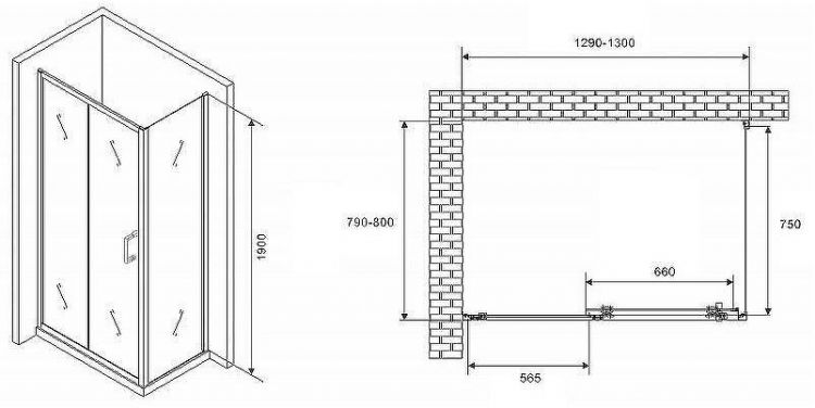 Душевой уголок Abber Schwarzer Diamant 130x80 AG301305-S805 профиль Хром стекло прозрачное
