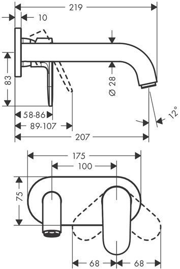 Hansgrohe Vernis Shap Смеситель для раковины, настенный, излив 204 мм, внешняя часть, цвет: хром