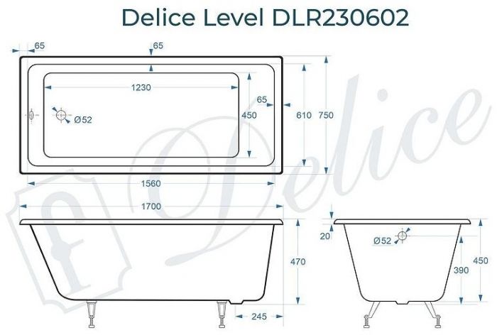 Чугунная ванна Delice Level 170х75 DLR230602 без отверстий под ручки и антискользящего покрытия