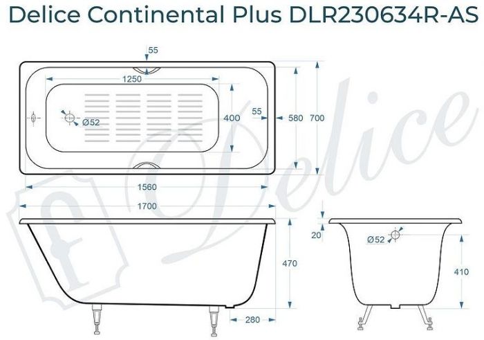 Чугунная ванна Delice Continental PLUS 170х70 DLR230634R-AS с отверстиями под ручки с антискользящим покрытием