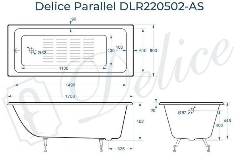 Чугунная ванна Delice Parallel 170х80 DLR220502-AS без отверстий под ручки с антискользящим покрытием