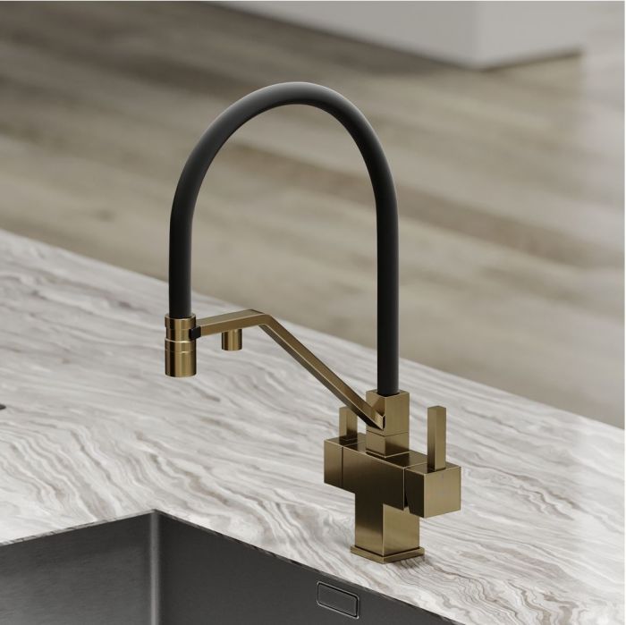 Смеситель для кухни Sancos Loro с гибким изливом, цвет брашированное золото/черный, SC4007BG