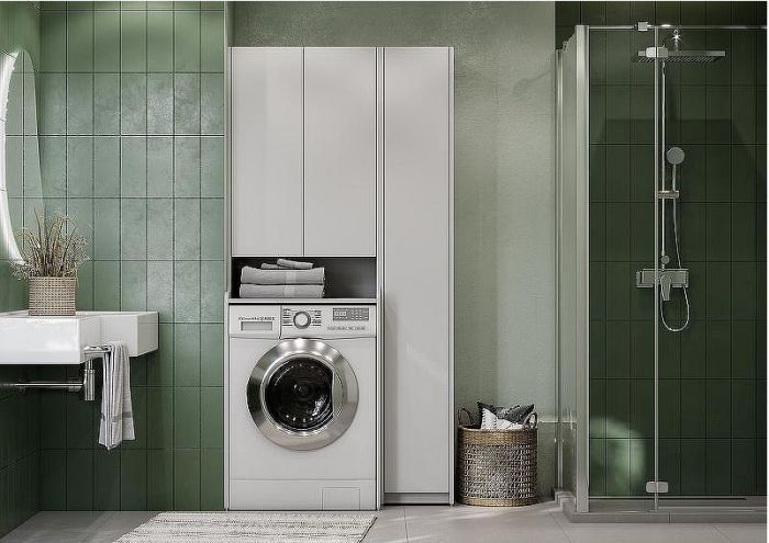 Шкаф пенал Aquaton Лондри 60 1A260503LH010 над стиральной машиной Белый глянец