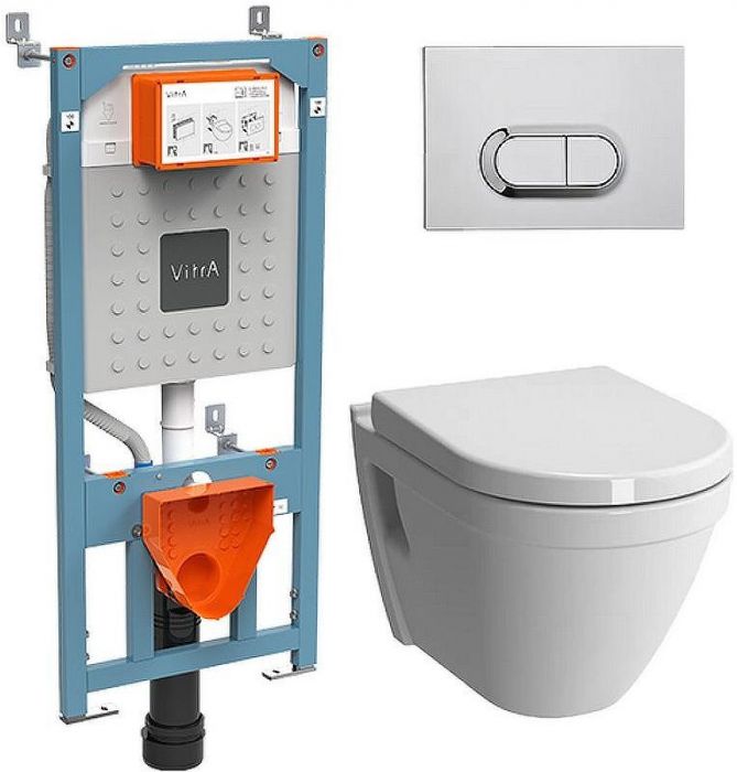Комплект унитаза с инсталляцией Vitra S50 Rim-Ex 9003B003-7201 с сиденьем Микролифт и клавишей смыва Хром глянцевый