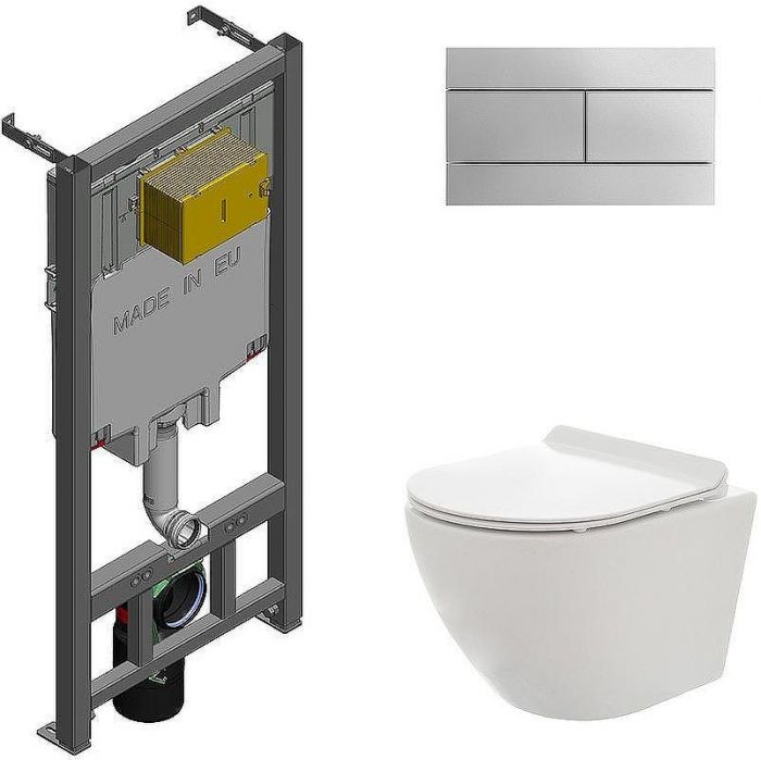 Комплект унитаза AQUAme AQM2002 с сиденьем Микролифт и инсталляцией Jacob Delafon E29025-NF+E4316-CP с клавишей смыва Хром