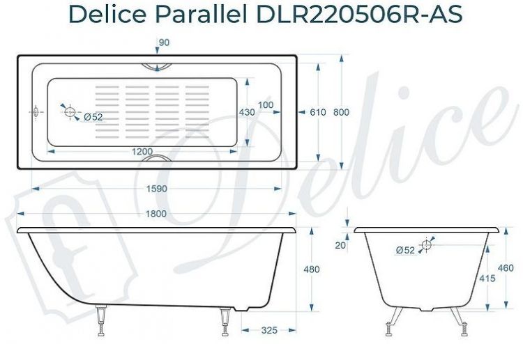 Чугунная ванна Delice Parallel 180х80 DLR220506R-AS с ручками с антискользящим покрытием