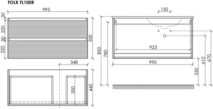 Тумба подвесная SANCOS под раковину правая Folk, Ergraut soft 995х445х500, FL100RES