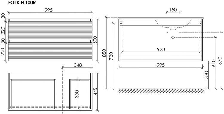 Тумба подвесная SANCOS под раковину правая Folk, Ergraut soft 995х445х500, FL100RES