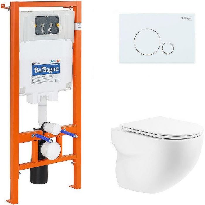 Комплект унитаза с инсталляцией BelBagno Onda BB066CHR/BB870SC/BB002-80/BB014-SR-BIANCO с сиденьем Микролифт и Белой клавишей смыва