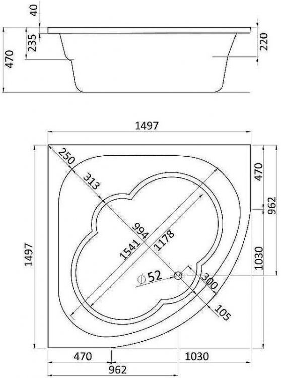 Акриловая ванна Santek Канны 150х150 1WH111983 без гидромассажа Акриловая ванна Santek Канны 150х150 1WH111983 без гидромассажа
