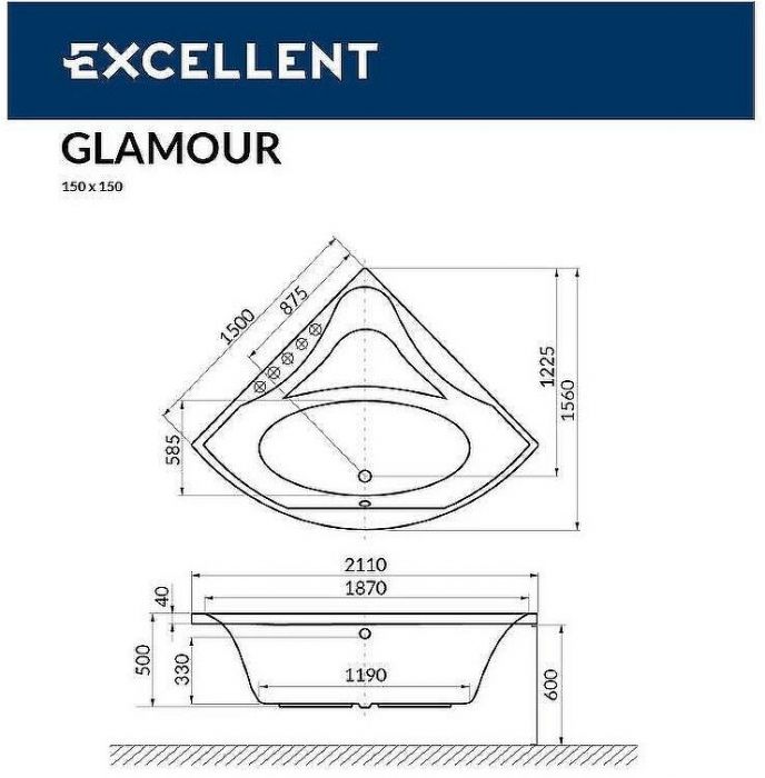 Акриловая ванна Excellent Glamour 150x150 WAEX.GLA15.ULTRA.CR с гидромассажем