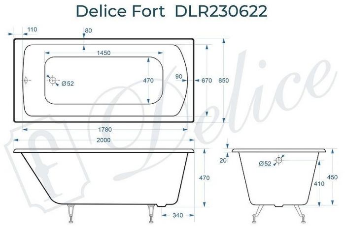 Чугунная ванна Delice Fort 200х85 DLR230622 без отверстий под ручки и антискользящего покрытия