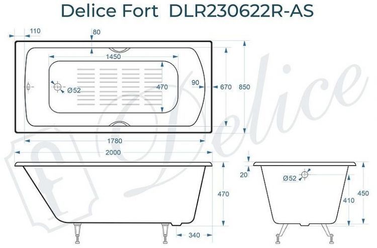 Чугунная ванна Delice Fort 200х85 DLR230622R-AS с отверстиями под ручки с антискользящим покрытием