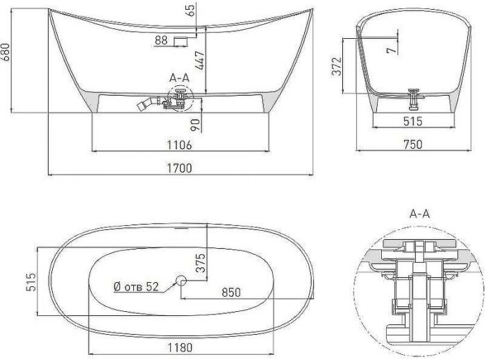 Ванна из искусственного камня Salini Noemi 170х75 101722M Белая матовая
