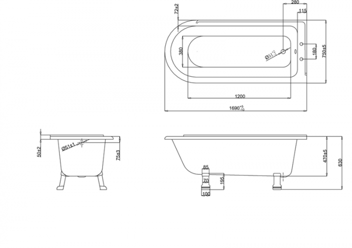 Ванна акриловая Burlington Hampton 170x75, E14 правая с ножками E10 CHR хром
