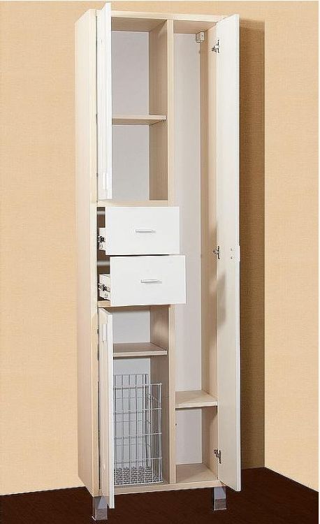 Шкаф пенал Бриклаер Бали 57 4627125412400 с бельевой корзиной Светлая лиственница Белый глянцевый