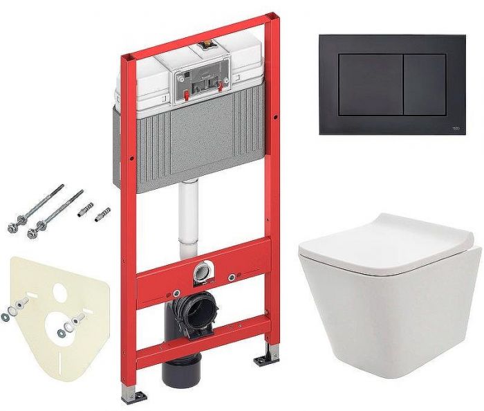 Комплект унитаза AQUAme AQM2004 с инсталляцией Tece Now 9400414 с сиденьем Микролифт и Черной матовой клавишей смыва