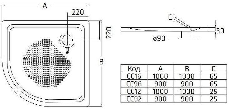 Стальной поддон для душа BLB 90х90 С96С цвет Белый