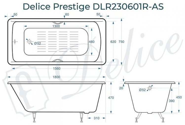 Чугунная ванна Delice Prestige 180х75 DLR230601R-AS с отверстиями под ручки с антискользящим покрытием