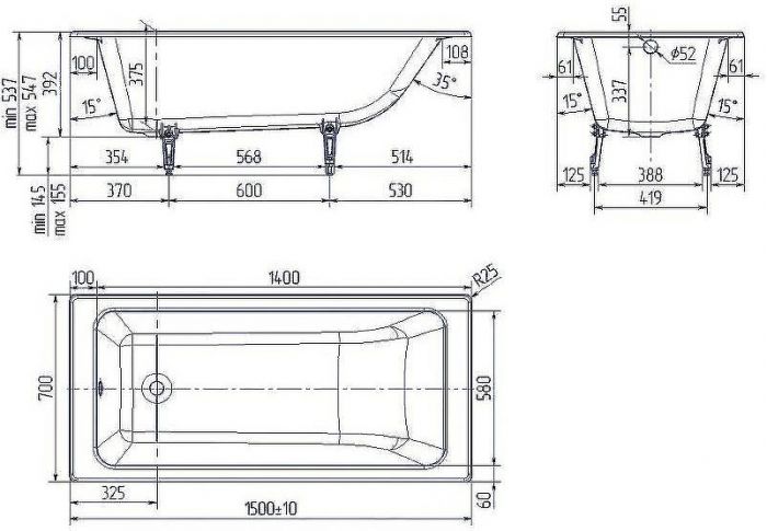 Чугунная ванна Creto Strong 150x70 25-1150 без антискользящего покрытия